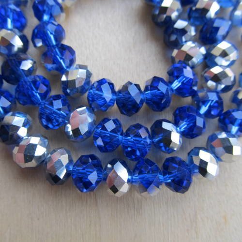 Lot de 20 perles forme boulier, de 8 x 6 mm en verre facetté transparent demi-plaqué argent couleur: bleu saphir. 