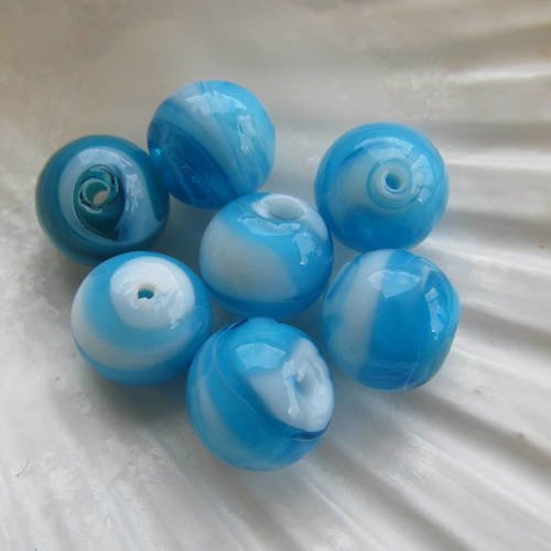 *lot de 4 perles en verre au chalumeau, de 12 mm de diamètre, de couleur: turquoise/blanc.