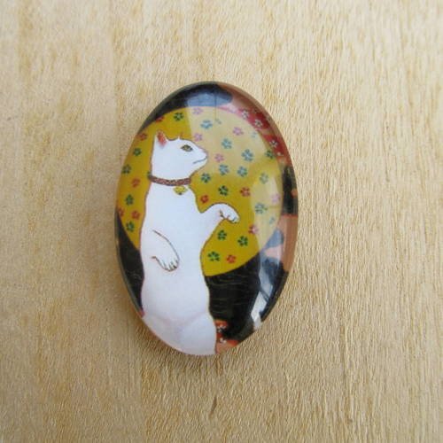 Cabochon en verre de forme ovale de 30 x 20 mm avec image de fond décor: dessin de chat. 