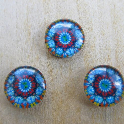 Lot de 2 cabochons en verre de forme ronde de 12 mm de diamètre avec image de fond décor kaléidoscope.