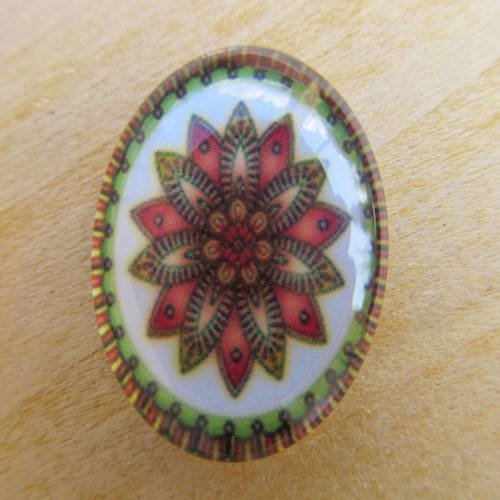 Lot de 2 cabochons en verre de forme ovale de 25 x 18 x 5 mm avec image de fond décor rosace sur fond blanc. 