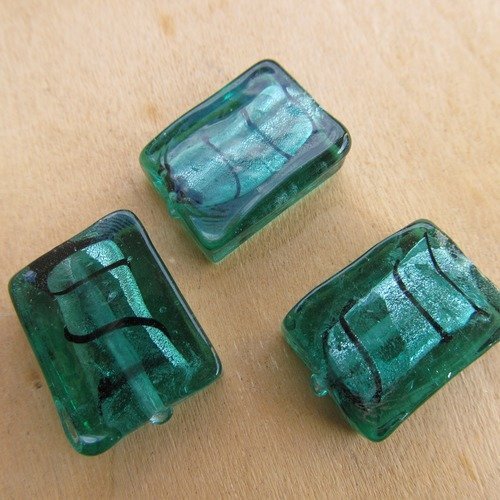 *lot de 2 perles rectangulaires en verre à la feuille d'argent, de 21 x 15 mm, de couleur: vert émeraude.