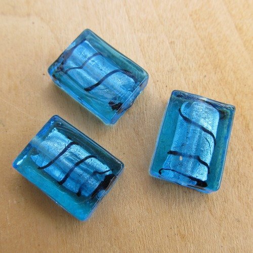 *lot de 2 perles rectangulaires en verre à la feuille d'argent, de 21 x 15 mm, de couleur: océan.