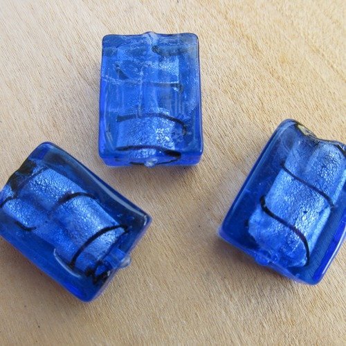 *lot de 2 perles rectangulaires en verre à la feuille d'argent, de 21 x 15 mm, de couleur: bleu gitane.