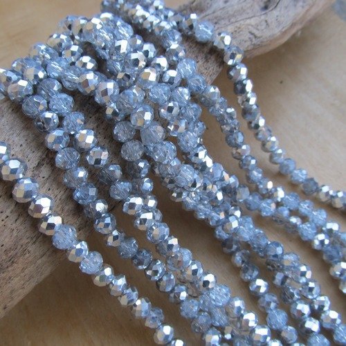 Lot de 50 perles forme boulier, de 6 x 4 mm en verre facetté transparent demi-plaqué argent couleur: transparent. 