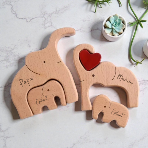 Puzzle familial éléphants en bois personnalisable
