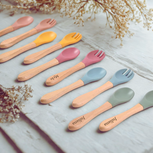 Couverts bébé personnalisés / fourchette et cuillère en bois
