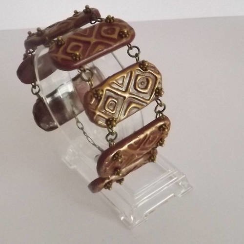Bracelet manchette en pâte polymère marron et or appréts en métal bronze 