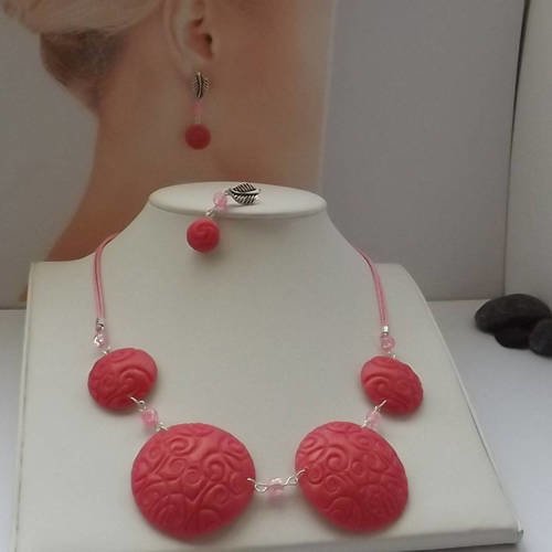Parures perles lentilles en pâte  polymère rose et blanc nacré collier et boucles d'oreilles bijoux femme