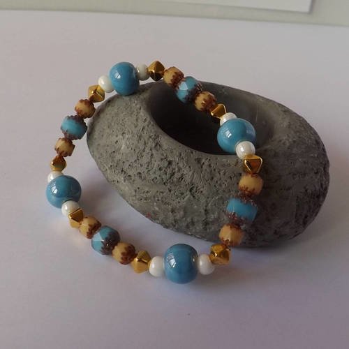 Bracelet de perles fines bleu turquoise et bronze