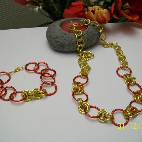 Collier et bracelet tendance en fil d aluminium rouge et or