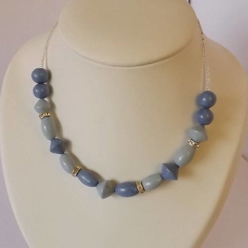 ( 7) collier ras de cou perles bleu en pâte fimo dégradé de bleu et perles strass 