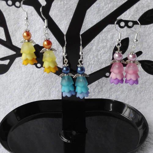 Boucles d'oreilles perles de verre nacré et corolles ,coloris rose ,bleu,ou jaune au choix 