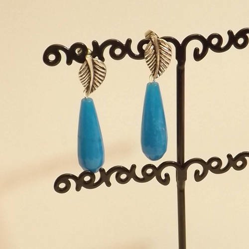 Boucle d'oreilles bleu perles de pièrre semi-précieuse apprets métal argenté 