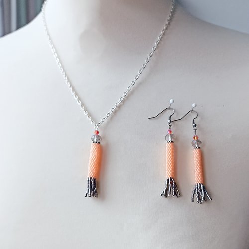 Parure  collier et boucles d'oreilles perles miyuki tube et perles cristale facettée  orange swarovski