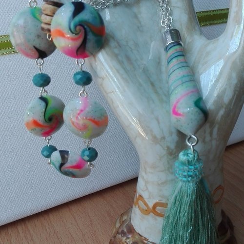 Sautoir et bracelets en perles polymère   ( pampille et perles swirl )