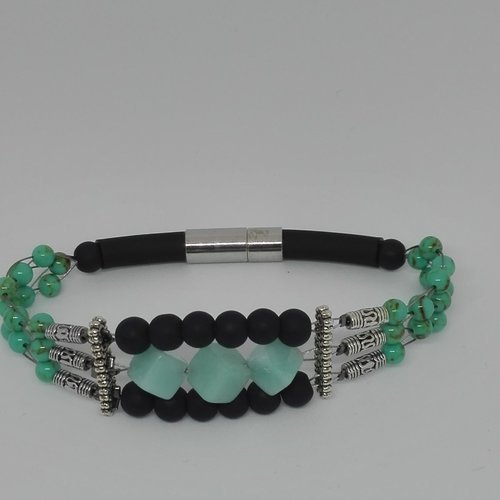 Bracelet homme  cube amazonite naturelle ,perles noir givré en verre dépoli, perles ronde turquoise ,cylindre style bali
