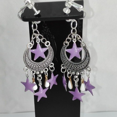 Boucles d'oreilles ethnique étoiles émaillée violettes et métal argenté