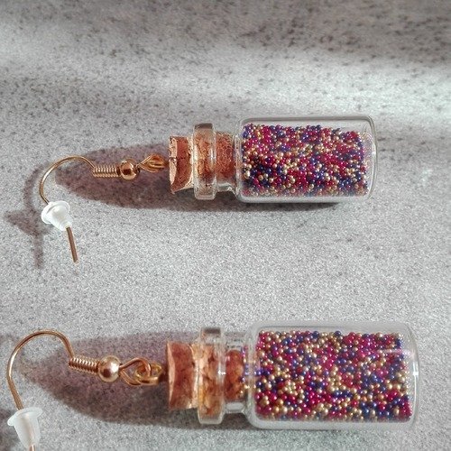 Boucles d'oreilles fioles en verre perles micro billes trois couleurs