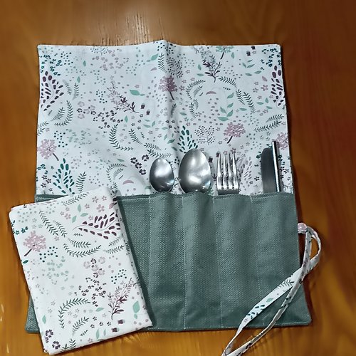 Range couverts nomade + serviette de table, étui à couverts,kit repas nomade