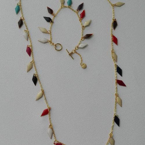 Minimaliste collier et bracelet chaine doré sequins émaillés multicolores double face