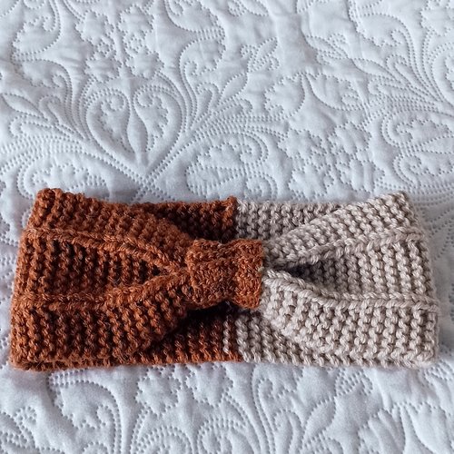 Bandeau en laine,headband, tricoté main,couvre oreilles,bis couleurs rouille et beige