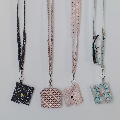 3 en un, tour de cou avec passant pour lunettes , stylo ,  badge d'identification porte monnaie