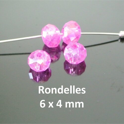 10 petites perles rondelles, 6 x 4 mm, en verre à facettes rose irisé translucide