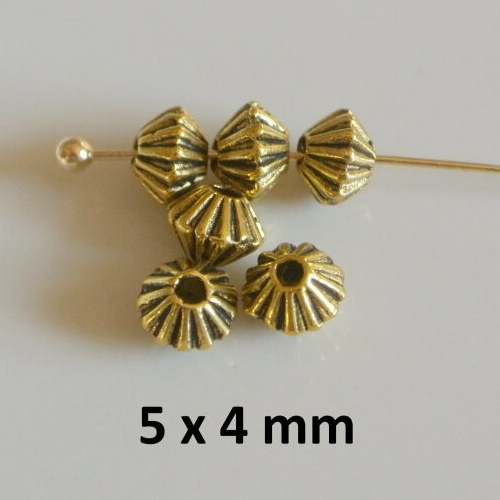 40 perles forme toupie à stries en métal couleur doré antique, 5 x 4 mm, trou : environ 1 mm
