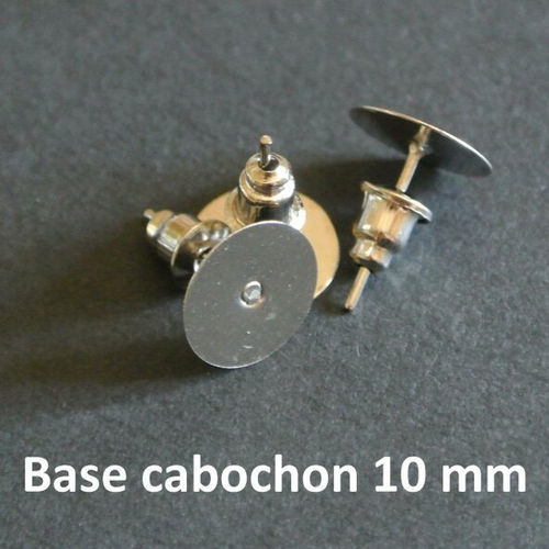 10 paires (20 pièces) de puces ou tiges argentées, base plate et ronde 10 mm pour cabochon à coller, supports pour oreilles percées
