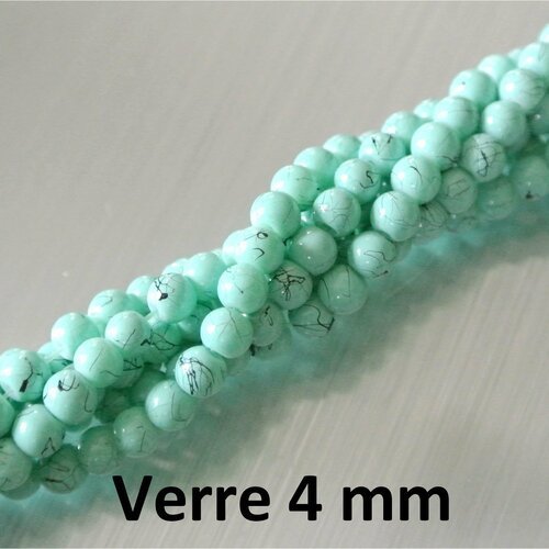 40 petites perles 4 mm rondes et lisses en verre opaque teinté bleu-vert turquoise strié de noir, trou 1 mm environ