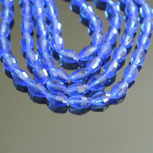 20 perles, 8 x 6 mm, en verre à facettes forme olive d'un très joli bleu, trou 1 mm environ