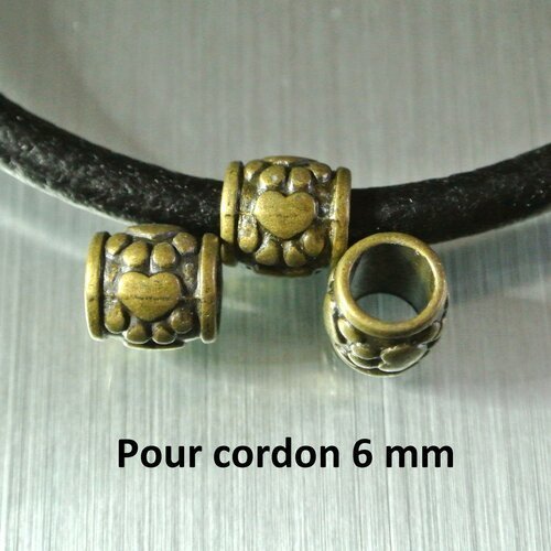 4 perles passantes bronze grand trou, motif patte d'ours, 10 x 10 mm, trou 6,3 mm pour cordon rond