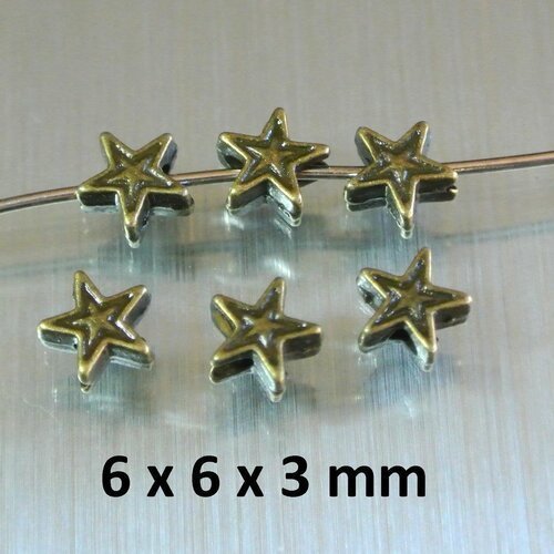 20 petites perles intercalaires en forme étoile métal couleur bronze et trait noir, 6 x 6 x 3 mm, trou 1,6 mm