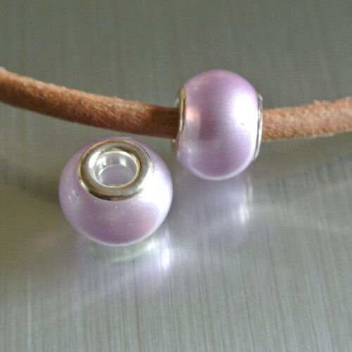 2 perles européennes en verre nacré givré satiné mauve, 15 x 11 mm, trou 5 mm