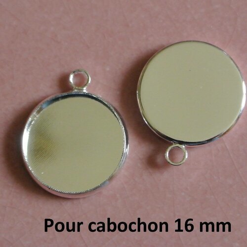 2 supports cabochons en métal argent clair, plateau avec bord, 21 x 18 mm, pour cabochon rond 16 mm, 1 anneau d'accroche