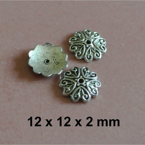 20 calottes argent antique, 12 x 12 x 2 mm, de forme et courbe pour grosse perle jusqu'à 16 mm de type rondelle