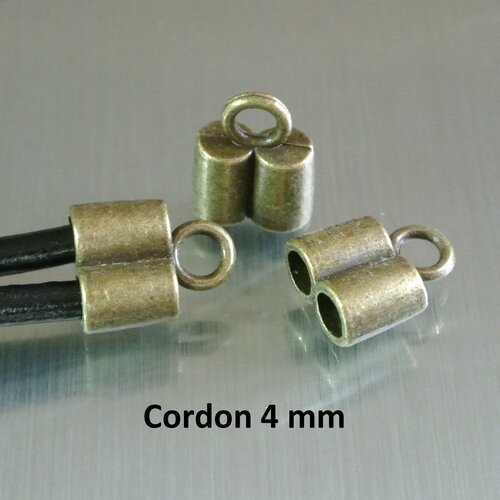 4 embouts double tubes 16 x 13 x 7 mm, trou pour cordon 4,5 mm pour cordon 4 mm, anneau d'accroche 4 mm,