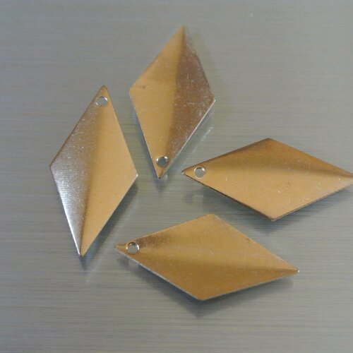 6 breloques pendants forme losange pliure longitudinale, 27 x 13 mm, cuivre doré, trou : 1,4 mm