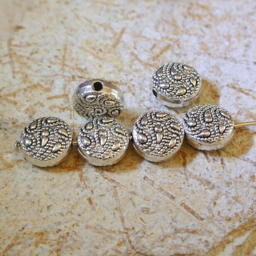 10 perles intercalaires en métal argenté travaillé d'arabesques, 10 x 5 mm, trou 2 mm 