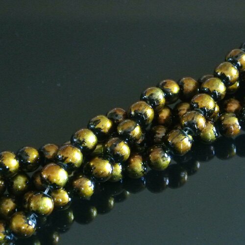10 perles rondes et lisses 8 mm de diamètre en verre jaune d'or et noir, trou 1,5 mm environ 