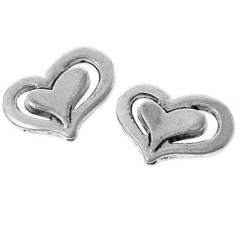 10 perles intercalaires deux coeurs insérés en métal argenté, trou : 1 mm environ, 14 x 10 mm 