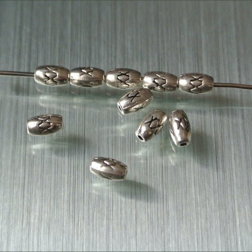 40 perles intercalaires ovales ou olives, métal argenté finement gravé de x, 6 x 4 x 4 mm trou 1 mm