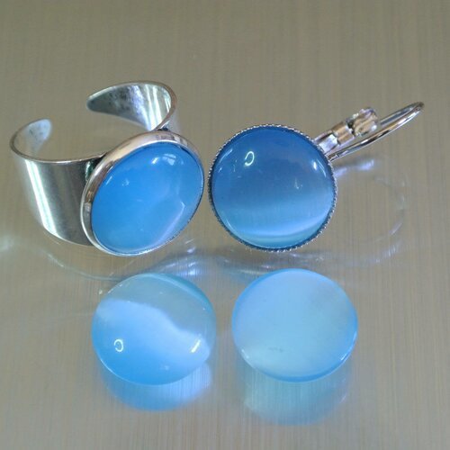 2 cabochons ronds bleu aquamarine rond en verre oeil de chat bleu, 14 x 3 mm 