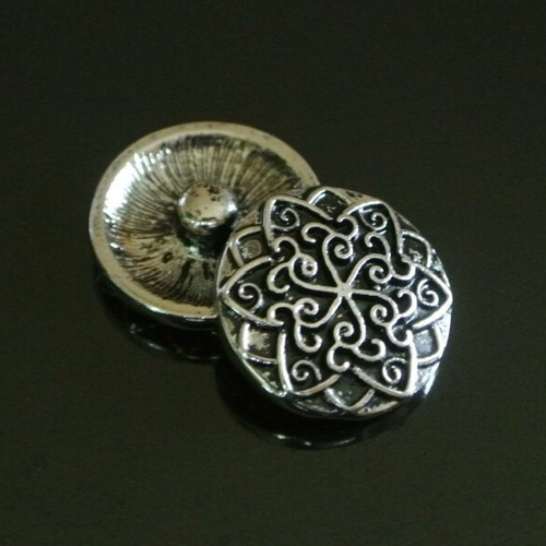 Bouton pression snap chunk, décor argent vieilli motifs géométriques et arabesques, diamètre 20 mm