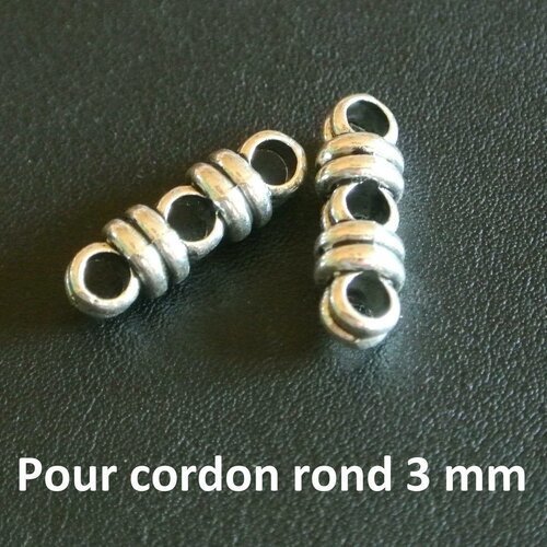 5 perles argentées triple passants effets double rondelle, 20 x 6 mm, trou 3,5 mm pour cordon rond de 3 mm