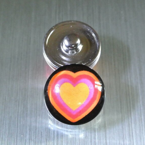 2 boutons pression snap 18 mm de diamètre en aluminium et verre, coeur rose-orangé