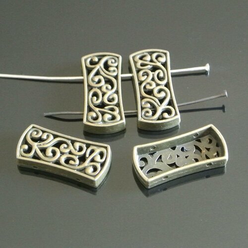 4 perles rectangulaires arabesques 2 trous pour bracelets 2 rangs, métal ton bronze, 26 x 12 mm