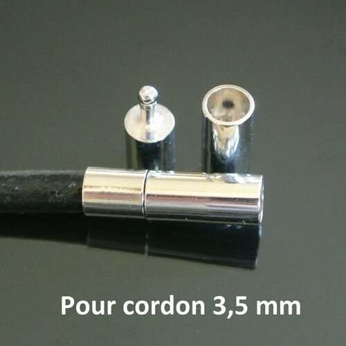 1 fermoir effet magnétique à tige pour cordon 3-3.5 mm, 17 x 5 mm, trou rond 4 mm métal ton argent