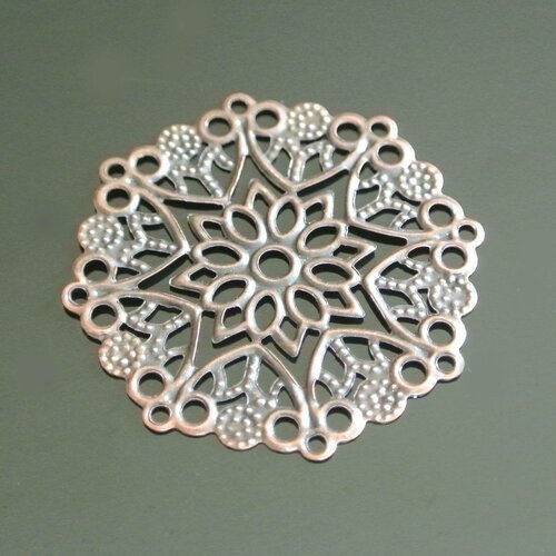 10 très fins connecteurs ronds estampes motifs floraux filigrane, 35 mm de diamètre, en métal couleur cuivre 